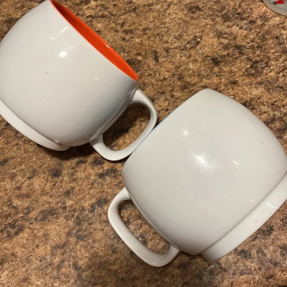 Crate & Barrel White Thick Ceramic Coffee Mugs Blue/Orange Insides Set of 2